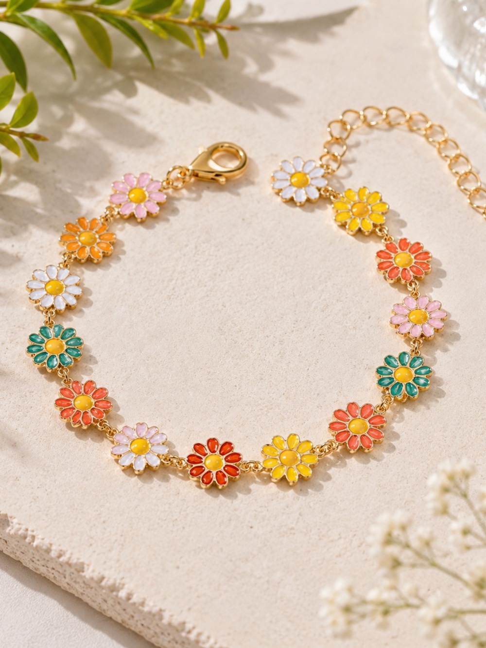 Gold Daisy Multicolor Enamel Anklet - Women's Jewelry NWT
